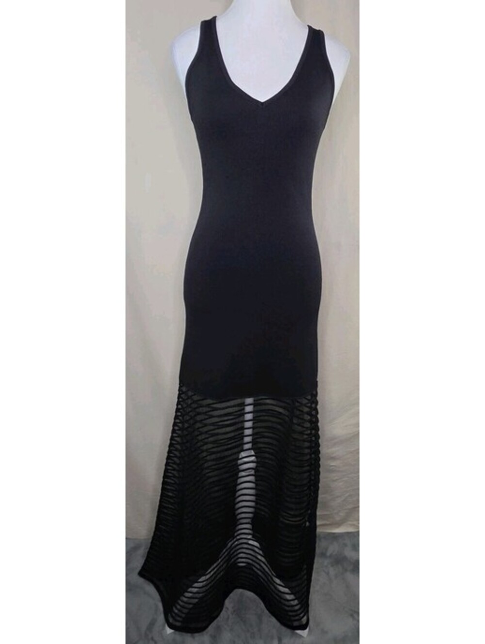 Zara Tulle Knit Maxi Dress S Black Sheer Stripe V Neck NWT $99